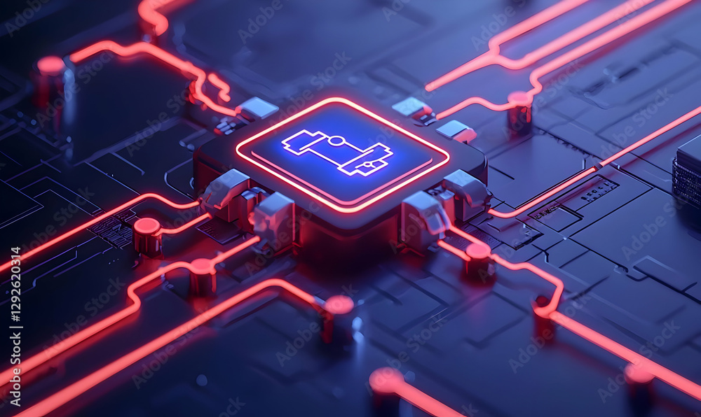 Poster abstract computer circuit board with neon illuminated elements