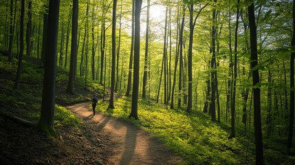 Obraz premium Trekker navigating a winding forest path, vibrant spring greenery and sunlight peeking through the trees