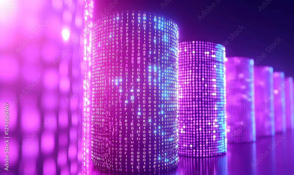 Poster abstract digital background with glowing binary code cylinders