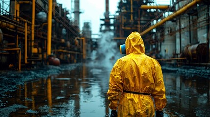 Naklejka premium Industrial Site Worker in Hazardous Environment Wearing Protective Suit Standing by Water Puddle Reflection