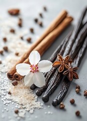 Fototapeta premium Elegant arrangement of vanilla pods, cinnamon sticks, sugar crystals, star anise, and a delicate flower on a textured gray background