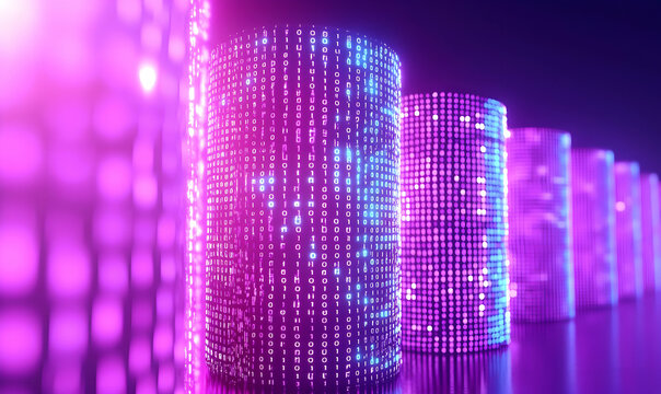 Abstract Digital Background with Glowing Binary Code Cylinders