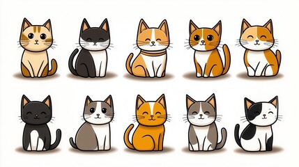 Cute cartoon cats in various colors and expressions on a white isolate background.