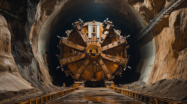 Fototapeta Powerful tunnel boring machine in a dark underground construction site work heavy metal brown mining
