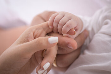 Tiny newborn baby human hands and fingers