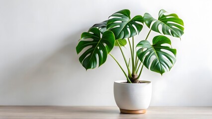 Fototapeta premium Monstera deliciosa in a white pot against a white wall