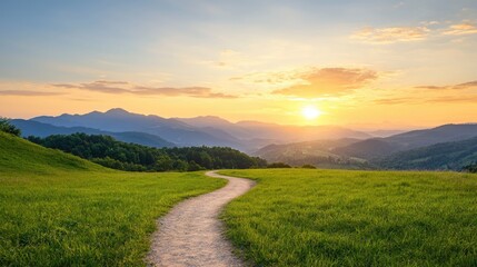 Obraz premium Scenic Sunrise Path Through Lush Meadow Mountains