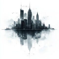Fototapeta premium A Futuristic City Skyline with Reflections in a Mystic Atmosphere, Featuring Tall Buildings and Abstract Design Elements in Monochrome Tones