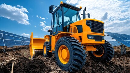Fototapeta premium Bulldozer in a solar farm, blue sky backdrop, industrial machinery at work.