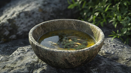 A bowl of creamy mushroom soup with thyme.