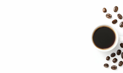 Obraz premium Freshly Brewed Coffee in White Cup with Coffee Beans on Table