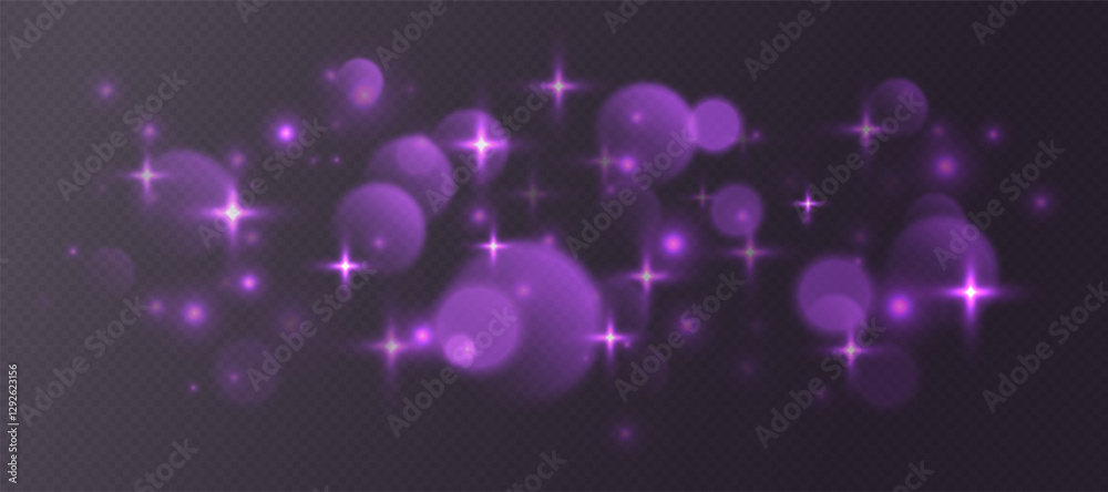 Wall mural purple bokeh with stars and sparkles, shiny overlay decoration isolated on dark background. vector i