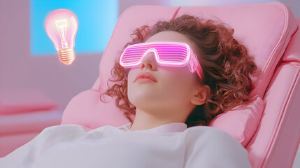 Young woman relaxing in stylish futuristic glasses with soft colors