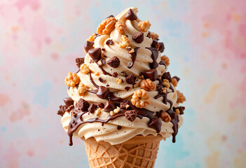 Delicious soft serve ice cream with chocolate drizzle and crunchy toppings
