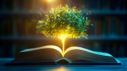 A mystical tree blooms from the pages of an open book, symbolizing knowledge and imagination in a tranquil library setting, World book day photo illustration