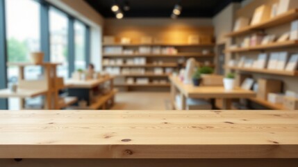 Empty light wood table top with blurred background of a retail shop interior