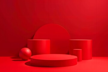 Display podium with red background and geometric shape