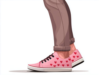A whimsical cartoon features a man wearing bright pink shoes decorated with heart patterns, highlighting his playful and unique fashion sense.