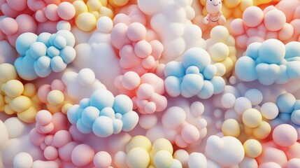 Pastel Cloudscape: 3D Fluffy Bubbles and Cute Bug
