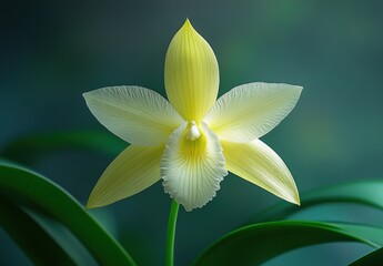 Obraz premium Elegant Yellow Orchid Bloom with Delicate Petals and Soft Green Foliage in Tranquil Natural Setting