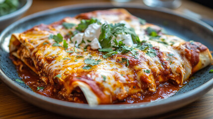  chicken enchiladas with melted cheese and cilantro red hot eat food meal spicy sauce tasty