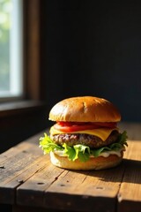 A mouthwatering cheeseburger, perfectly grilled patty, melted cheese, fresh tomato, crisp lettuce, on a rustic wooden table in warm sunlight