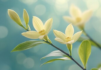 Elegant Yellow Orchid Flowers on a Delicate Green Background with Soft Bokeh Effect Creating a Serene and Calming Atmosphere in Nature Photography