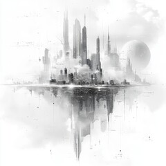 Futuristic City Landscape with Towering Skyscrapers and Reflections in Water Under Cloudy Sky, Digital Art Concept of Urban Development and Architecture