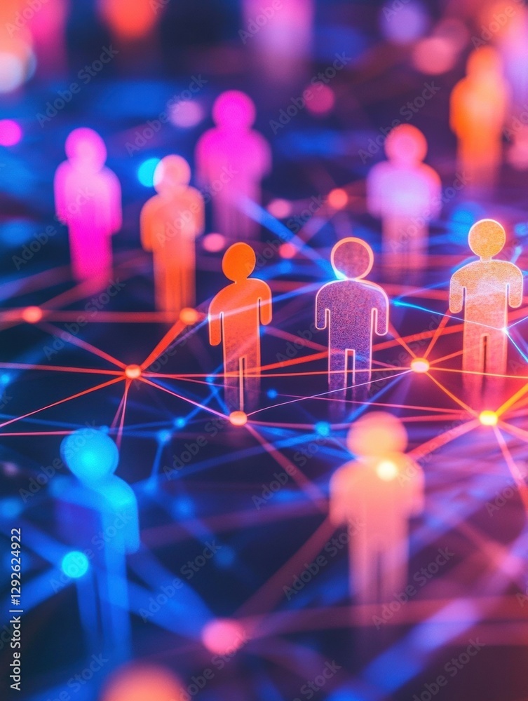 Aufkleber Colorful 3D avatars connected through glowing network lines representing digital interaction and social media opportunities. Generative AI