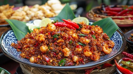 Vibrant, spicy shrimp paste chili dip decorated with bird's eye chili. 