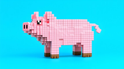 Cute Pixel Art Pig Model on Bright Blue Background
