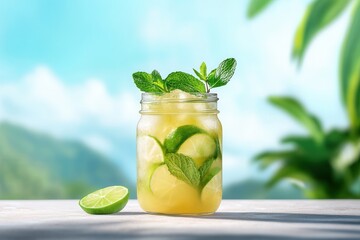 Fototapeta premium Refreshing Iced Beverage In Glass Jar With Mint And Lime