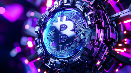 Futuristic Bitcoin Symbol Surrounded by Neon Technology Elements