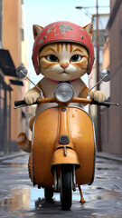Playful Cat on Vintage Scooter in Urban Setting