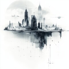 Fototapeta premium Futuristic Urban Landscape with Tall Skyscrapers and Abstract Architecture Elements in Monochrome Tones for Design Projects and Creative Use