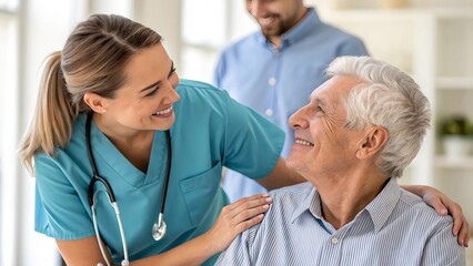 Empathetic Nurse Comforting Senior Patient, Holding Hand and Sharing Positive Treatment News in Hospital Setting