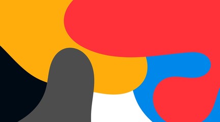 This is a cheerful and energetic abstract illustration. It features organic shapes in bright red, orange, yellow, light blue, and a touch of gray. The color palette is vibrant and dynamic.