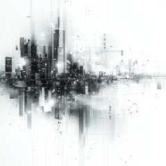Futuristic Urban Cityscape with Skyscrapers and Reflections in a Minimalistic Style Featuring Monochrome Design Elements
