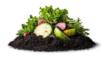 Fresh vegetables and greens on a mound of rich, dark soil, white isolate background.