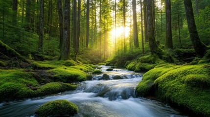 Obraz premium Serene Forest Stream at Sunrise Lush Nature Wallpaper