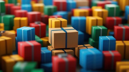 Obraz premium Colorful wrapped gifts scattered on a surface, with one brown box in focus amidst a vibrant background.