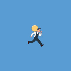 Cartoon vector illustration of a man running carrying a big light bulb on his back, symbolizing creative ideas, suitable for business, innovation, startup, entrepreneurship and productivity concepts.