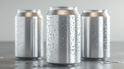 Metal cans with water drops, container for soda or energy drink, lemonade or beer. Isolated silver empty mockup models with cold condensation for brand design template realistic 3d vector illustration