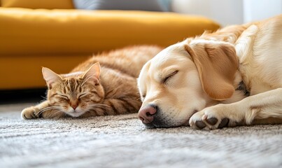 Obraz premium A cute dog resting its head near a cat on a plush rug. Generative AI