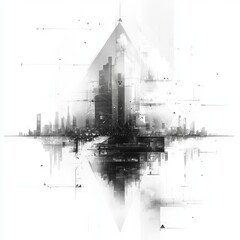 Futuristic Black and White Cityscape with Geometric Shapes and Abstract Design Elements in a High-Tech Atmosphere