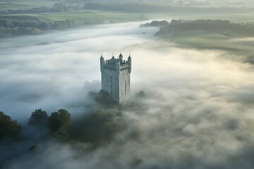 A medieval tower rising above a foggy countryside