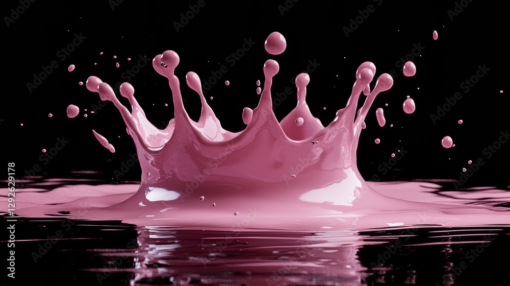 Poster pink liquid splash creating a crown shape on reflective surface against black background, dynamic an
