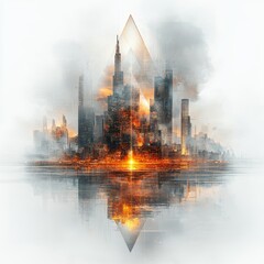 Futuristic Cityscape with Reflections in Water, Stunning Skyline of Tall Buildings, Surreal Light Effects, Foggy Atmosphere, Abstract Art Representation