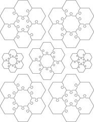 Hexagonal jigsaw puzzle templates, patterns, pieces.
