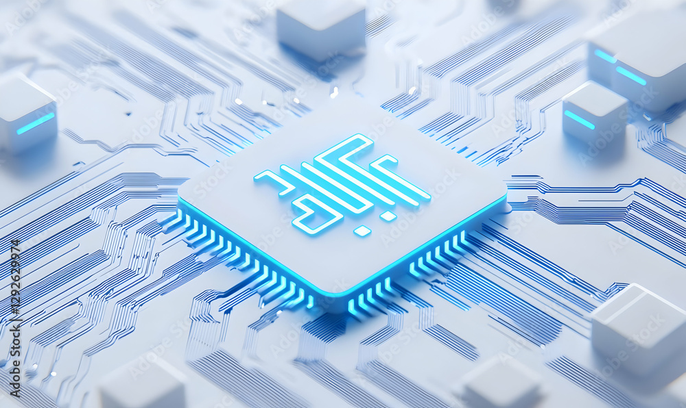Fototapete futuristic microchip with blue light and circuit pattern design